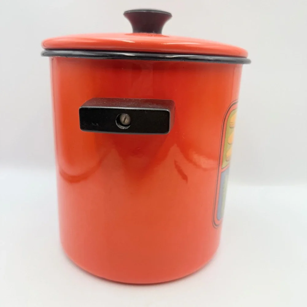 Vintage Orange Enamel Steamer Pot Retro Vegetable Graphic 3-Way Insert Lid